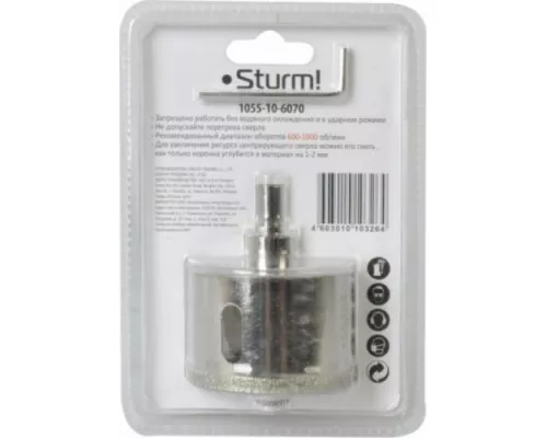 Алмазная коронка для мокрого сверления STURM 1055-10-6070 по керамограниту 60х70 мм, хвост. с проточками Алмазная коронка для мокрого сверления STURM 1055-10-6070 по керамограниту 60х70 мм, хвост. с проточками